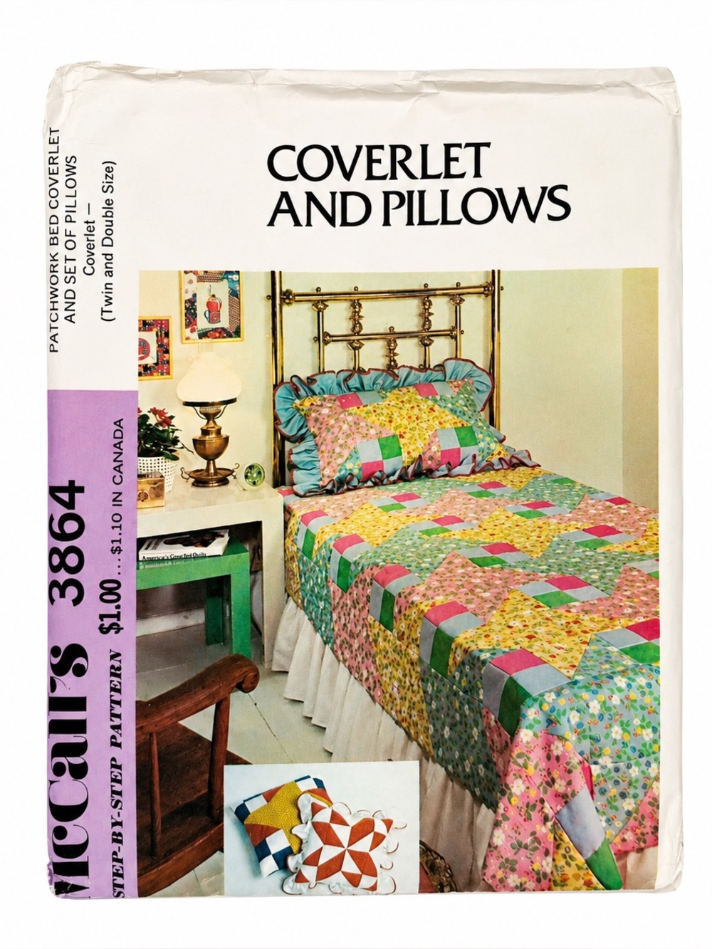 VTG McCall's 3864 Patchwork Bed Coverlet Pillow Pattern Uncut Pillows 70's Craft